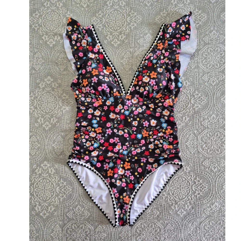 Aidonger Floral One Piece Swimsuit‎ Ruffle V-Neck Black Multicolor XL NWT